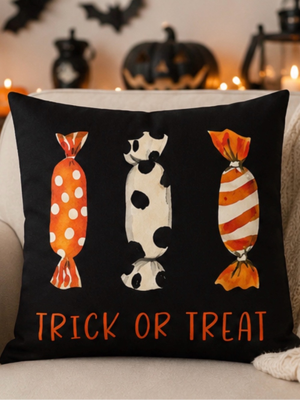 Halloween Trick or Treat Candy Decorative Pillow Cover - Black & Orange